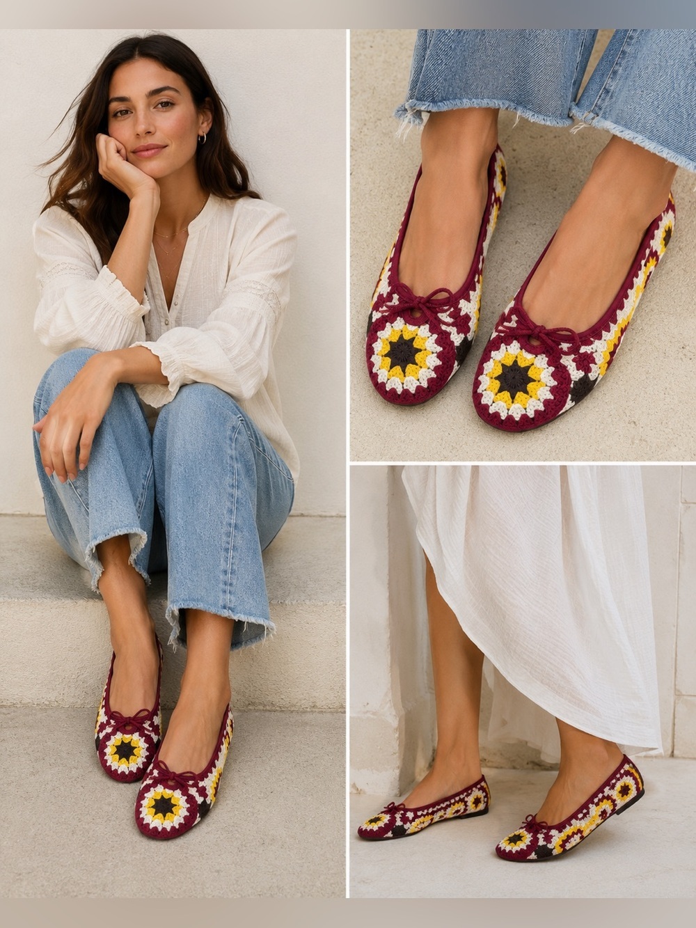 Zara Crochet Ballet Flats Floral Knit Burgundy Multi Color EU 39 US 8 NWT